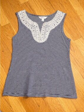 Market & Spruce Navy and White Striped Crochet-Trim Tank